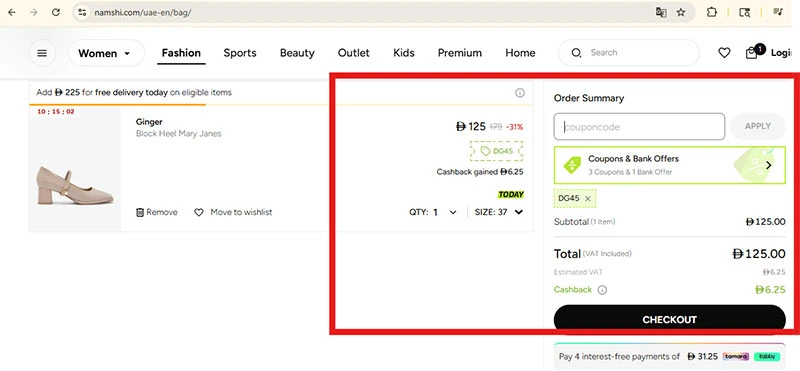 Namshi UAE discount code DG45 working proof showing AED 6.25 cashback gained on women's footwear
