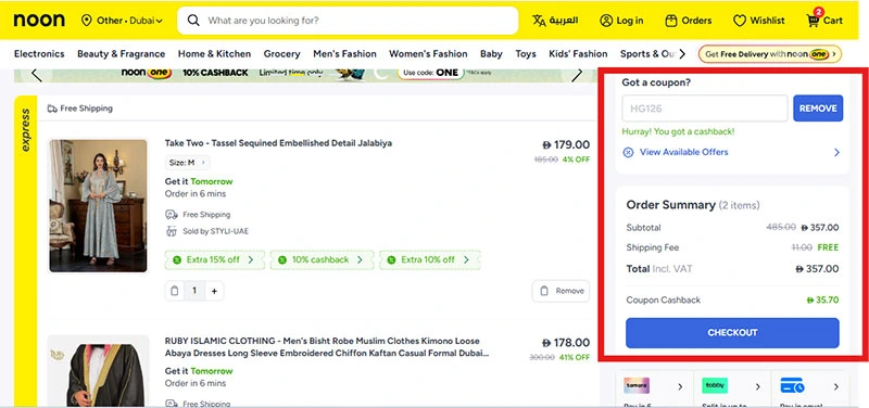 Noon UAE discount code HG126 working proof showing AED 35.70 cashback gained on Islamic clothing and fashion