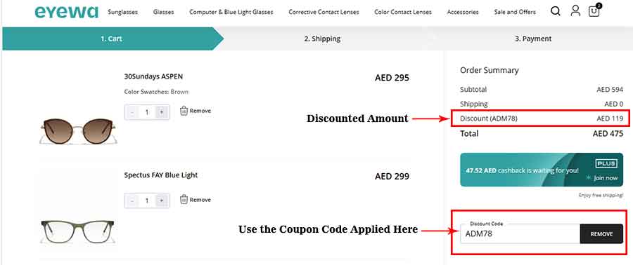 A visual guide demonstrating the process of using an Eyewa coupon code
