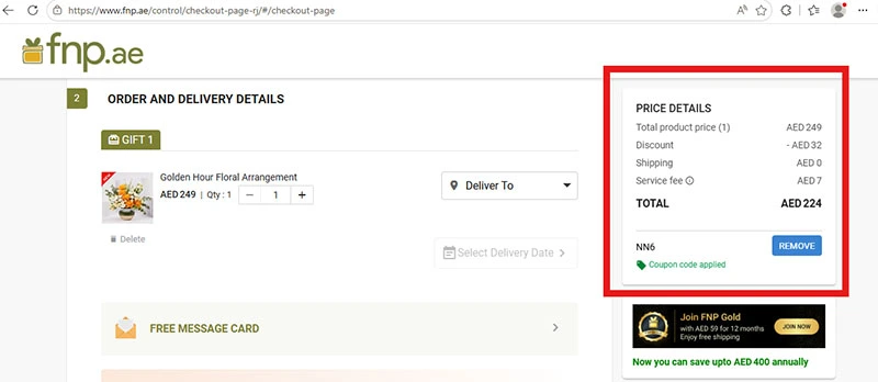 FNP UAE discount code NN6 working proof showing AED 32 discount on floral arrangement