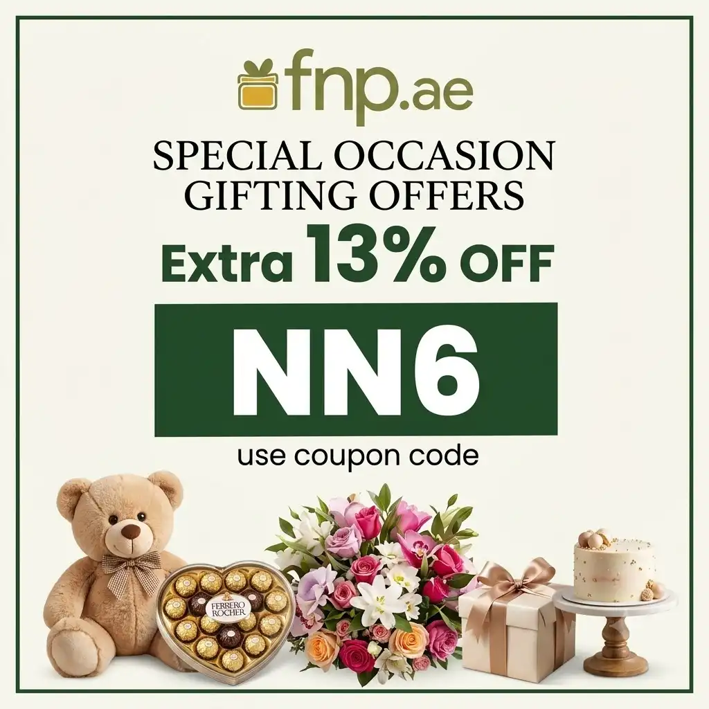 FNP UAE promo code NN6 offering 13% off premium gifts, cakes, and flower deliveries