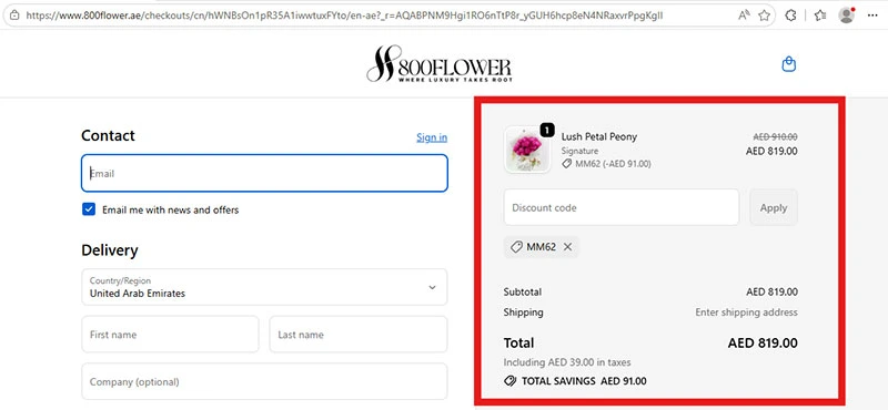 800flower UAE discount code MM62 working proof showing 15% off on birthday gifts