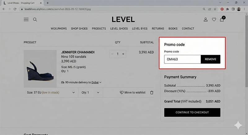 Level Shoes UAE discount code OMA63 working proof showing 339 AED saved on Jennifer Chamandi luxury sandals using levelshoes discount