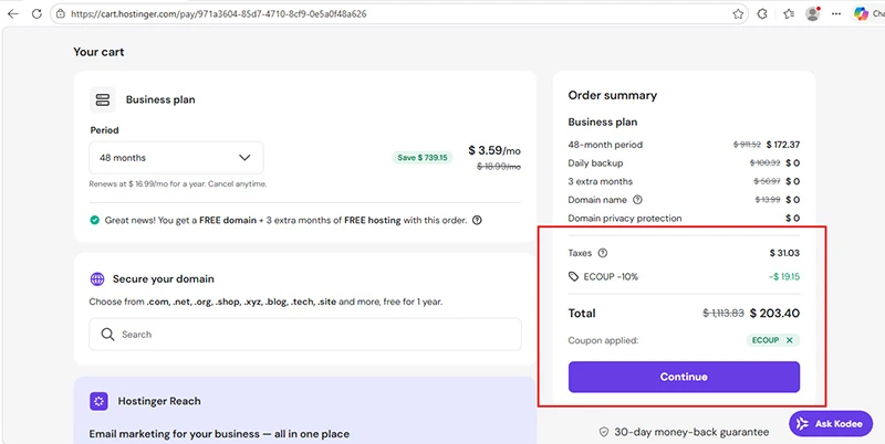 Verified Hostinger UAE Promo Code ECOUP Working Cart Proof May 2026 Hostinger UAE promo code ECOUP for business hosting cart verification proof, showing an extra -$19.15 discount in AED context, verified on 48-month plan
