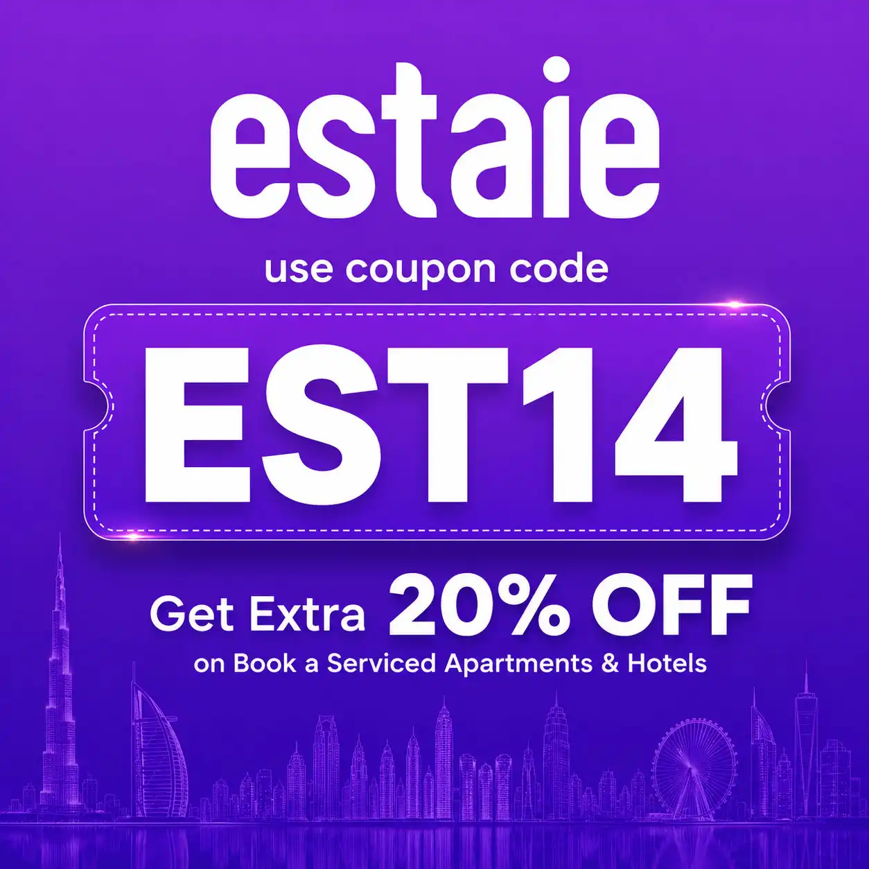 estaie coupon code EST14 for 20% OFF on serviced apartments and hotels in Dubai UAE