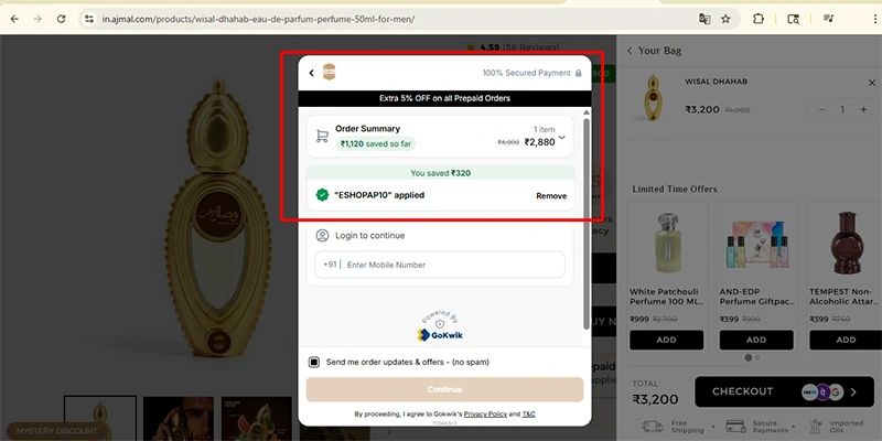 Ajmal Promo Code ESHOPAP10 Working Proof June 2026 Ajmal perfume coupon code ESHOPAP10 applied successfully at checkout for 10% discount on Wisal Dhahab