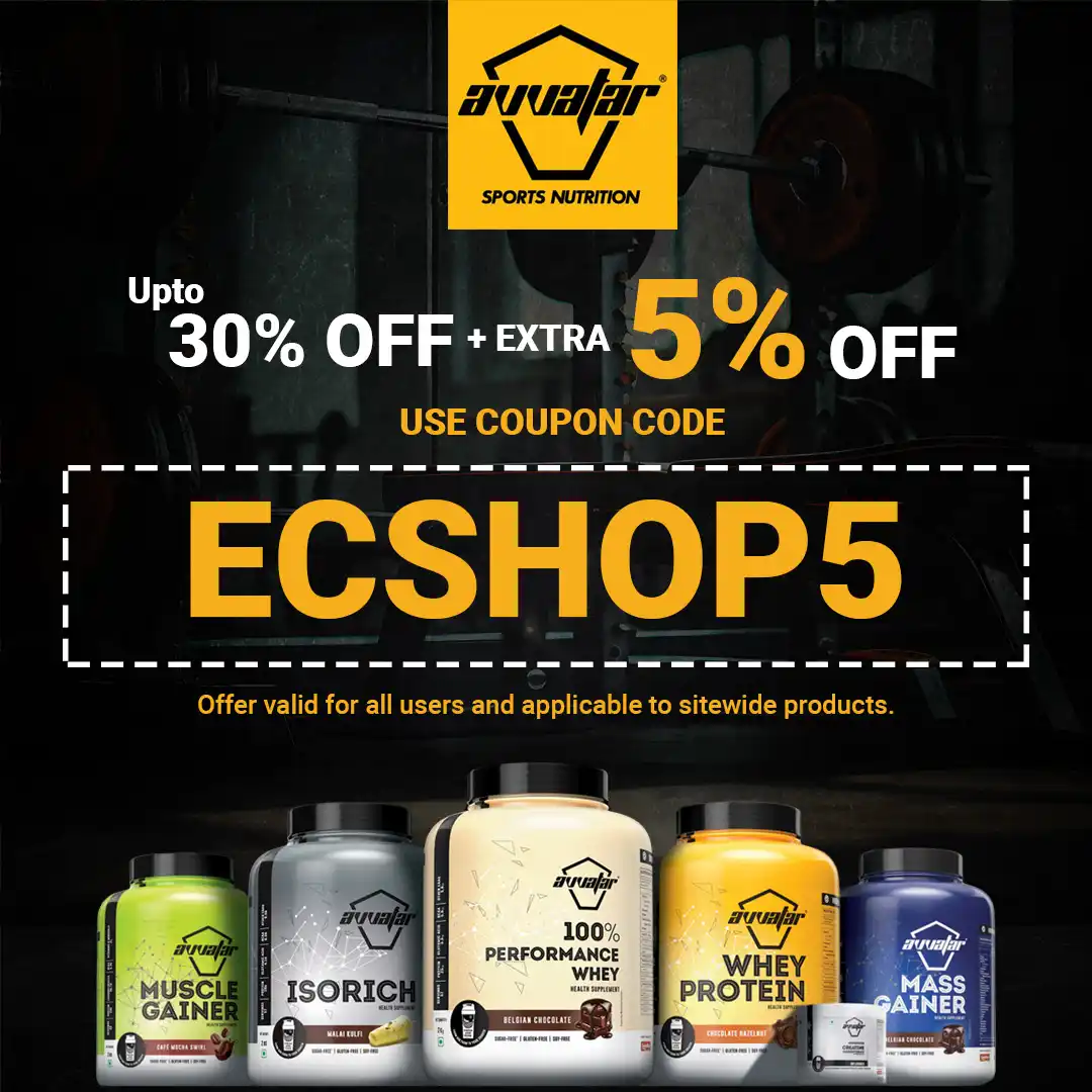 Verified Avvatar Coupon Code ECSHOP5 offering extra 5% off and up to 30% off sitewide on whey protein and muscle gainers