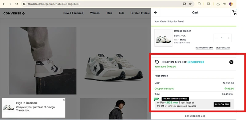 Converse India promo code ECSHOPCLK working proof showing a flat 10% discount of Rs 499.90 applied on Omega Trainer shoes