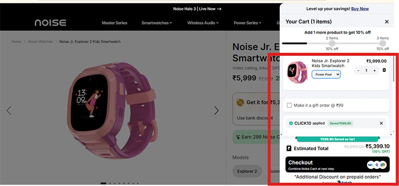 Noise India promo code CLICK10 working proof showing a 10% discount applied on a smartwatch cart